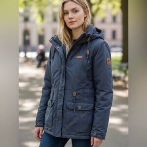 Columbia Women's Sherpa-Lined Hooded Outdoor Parka Cargo Pockets Blue Gray Sz L